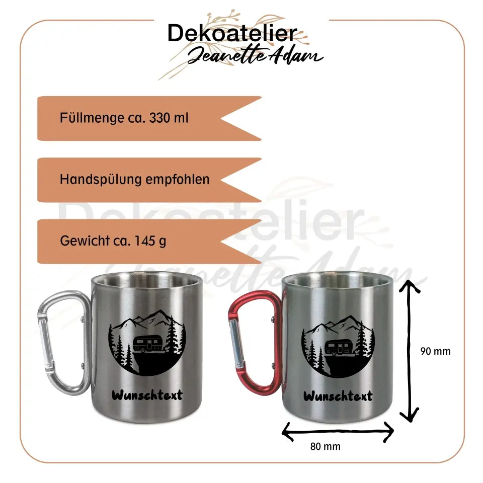 Edelstahltasse mit Karabiner - Camper vor Bergmassiv