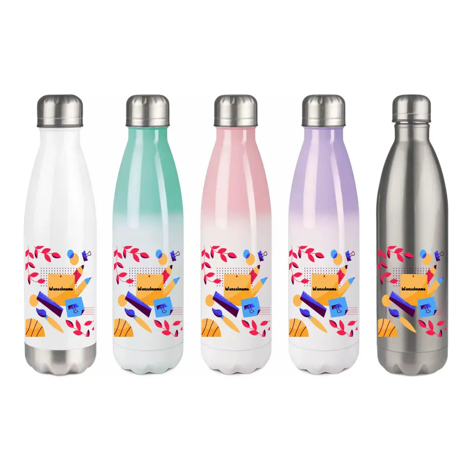 Edelstahl-Thermoflasche 500 ml - Namensflasche mit Schulutensilien - in verschiedenen Farben verfügbar