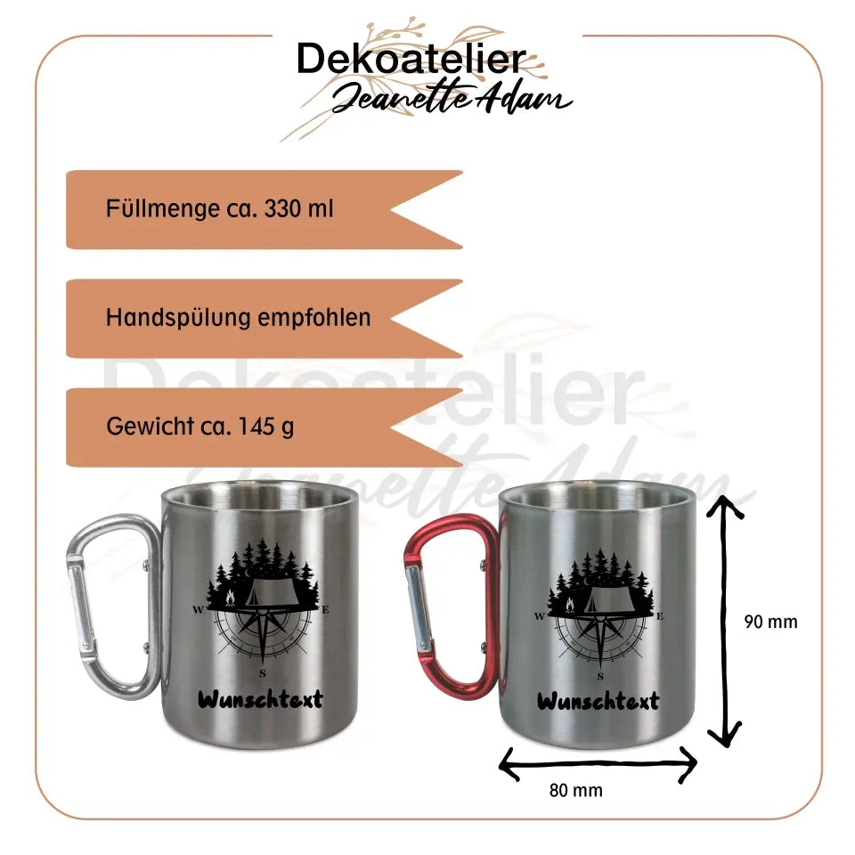 Edelstahltasse mit Karabiner - Zelt im Wald mit Kompass