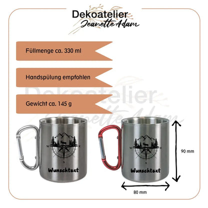 Edelstahltasse mit Karabiner - Elch vor Bergmassiv mit Kompass