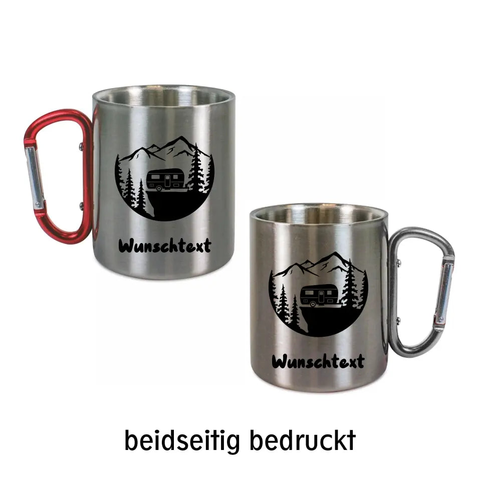 Edelstahltasse mit Karabiner - Camper vor Bergmassiv