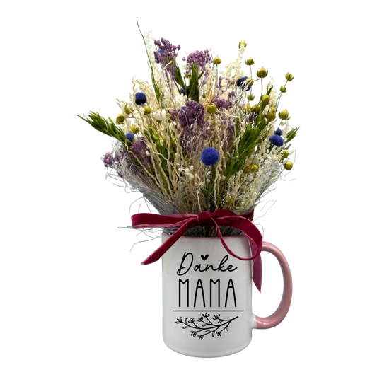 Tasse für Mama mit Trockenblumenstrauß - Zweig und Herz - in verschiedenen Farben auswählbar