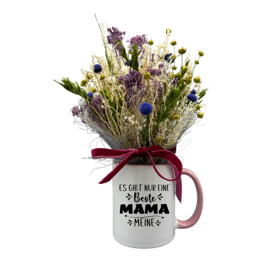 Tasse für Mama mit Trockenblumenstrauß- Es gibt nur eine beste Mama... - in verschiedenen Farben auswählbar