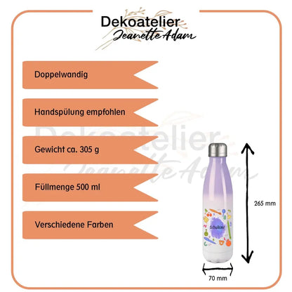 Edelstahl-Thermoflasche 500 ml - Schulkind mit Schulutensilien - in verschiedenen Farben verfügbar