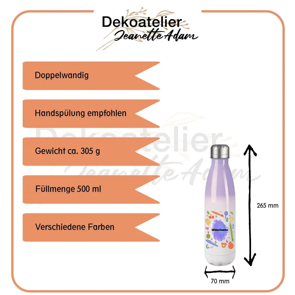 Edelstahl-Thermoflasche 500 ml - Wunschname mit Schulutensilien - in verschiedenen Farben verfügbar