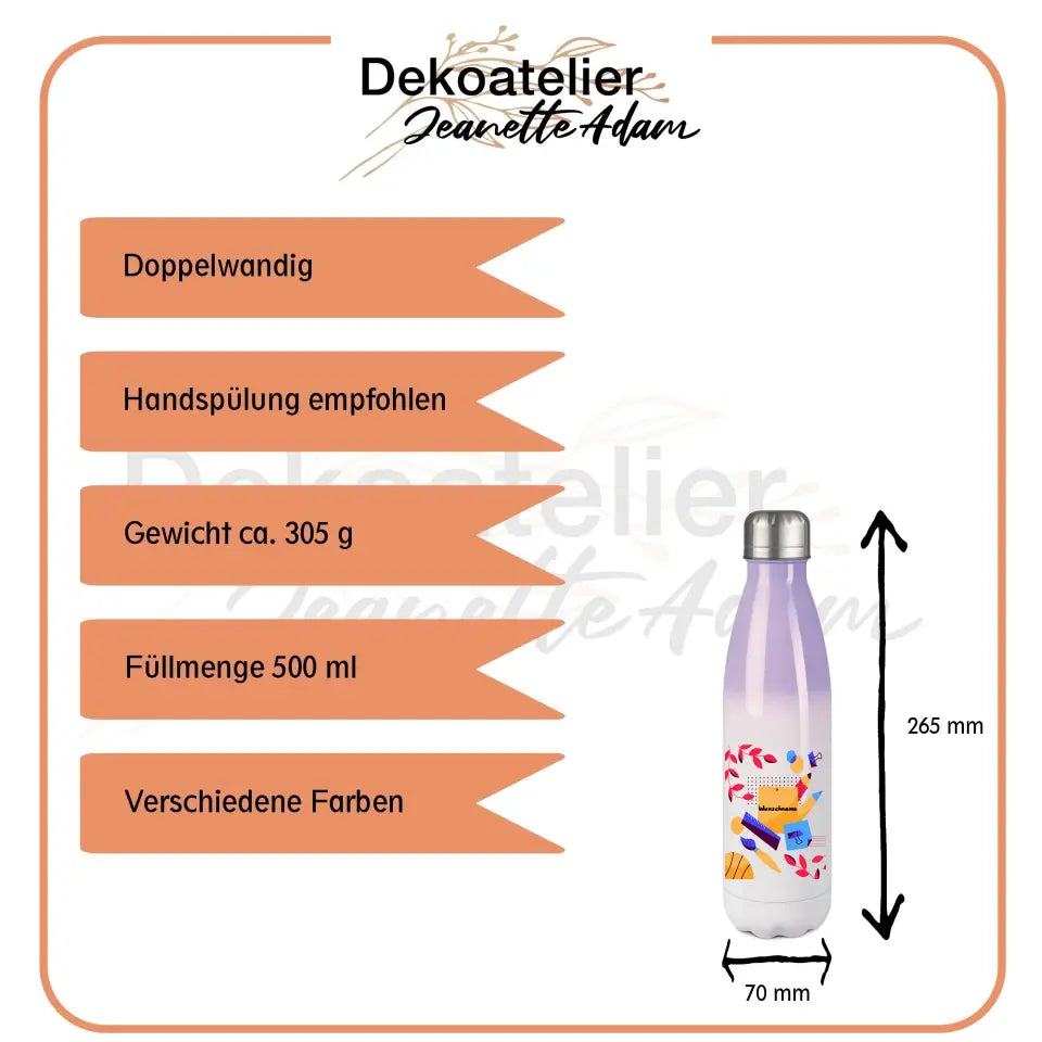 Edelstahl-Thermoflasche 500 ml - Namensflasche mit Schulutensilien - in verschiedenen Farben verfügbar