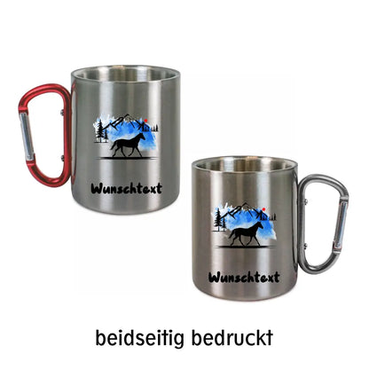 Edelstahltasse mit Karabiner - Pferd vor Bergmassiv