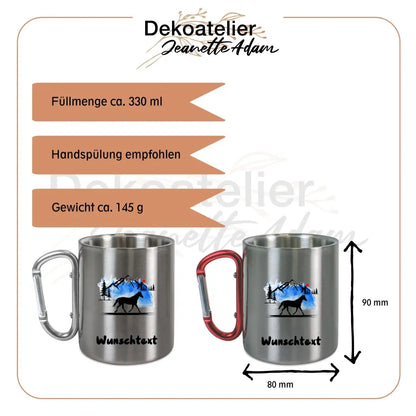 Edelstahltasse mit Karabiner - Pferd vor Bergmassiv